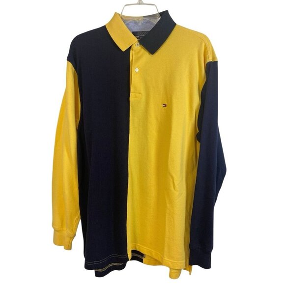 VTG Tommy Hilfiger Y2K Color Block Long Sleeve Rugby Polo Size L Blue Yellow - Picture 1 of 8